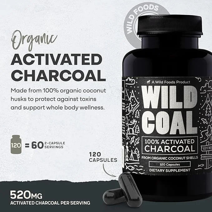 Wild Foods Activated Charcoal Capsules | 100% Organic Coconut Shells Active Tablets for Bloating Relief | Lab Tested & Non...