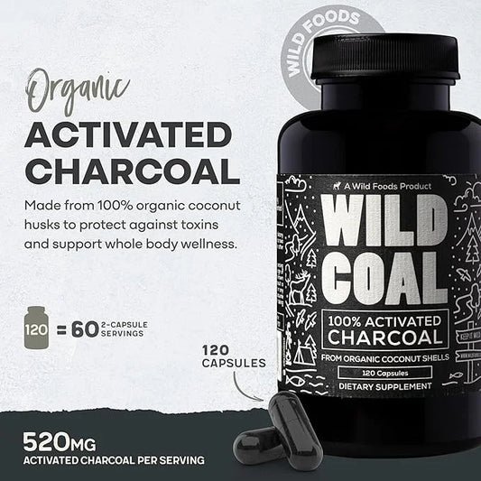 Wild Foods Activated Charcoal Capsules | 100% Organic Coconut Shells Active Tablets for Bloating Relief | Lab Tested & Non...