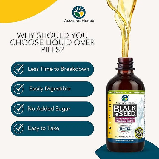 Amazing Herbs Premium Black Seed Oil - Cold Pressed Nigella Sativa Aids in Digestive Health, Immune Support, Brain Functio...