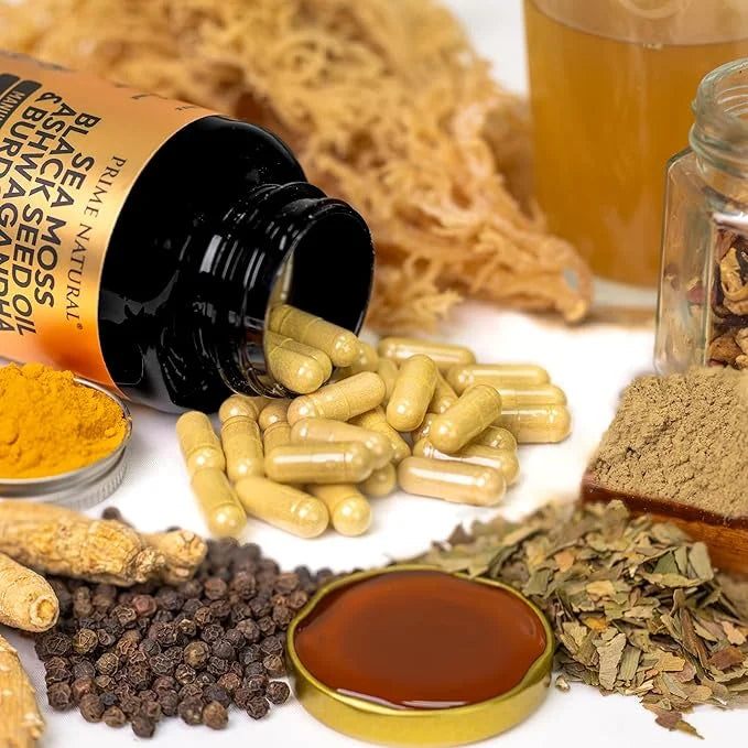 Sea Moss 3000mg Black Seed Oil 2000mg Ashwagandha 1000mg Turmeric 1000mg Bladderwrack 1000mg Burdock 1000mg Manuka 120 Cap...