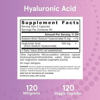 Jarrow Formulas® Hyaluronic Acid 120 mg, Dietary Supplement, Skin Health Support, 120 Veggie Capsules, Up to 60 Day Supply...
