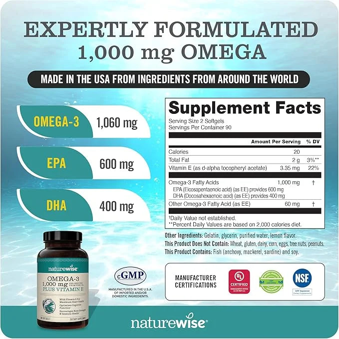 NatureWise Extra-Strength Omega 3 Fish Oil Supplement 1000mg per 600 EPA 400 DHA 180 Softgels[3-Month Softgels[3-Month Sup...