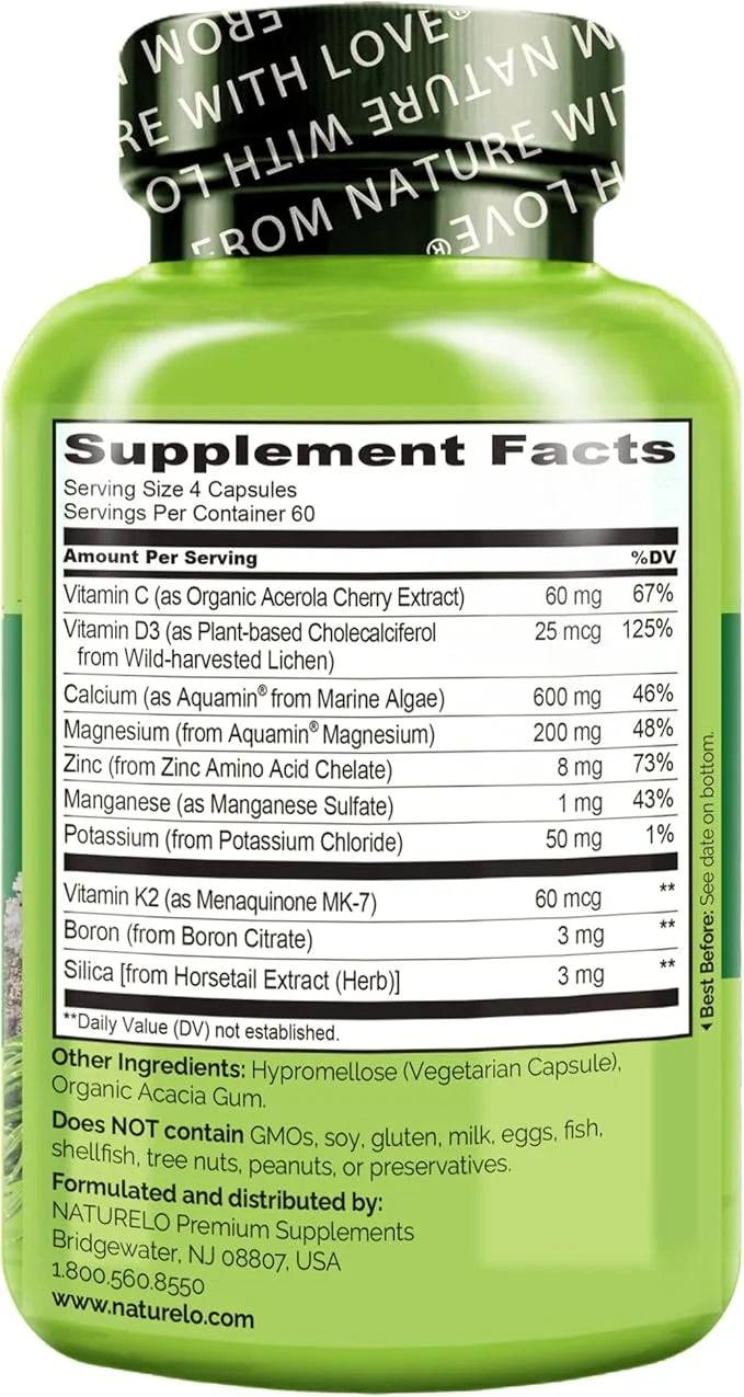 NATURELO Calcium Supplement 600mg, Vitamin D3, K2, K2, C, 240 Vegetarian