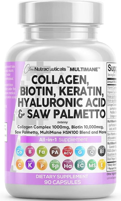 Collagen Pills 1000mg Biotin 10000mcg Keratin 2500mg Hyaluronic 90 Count