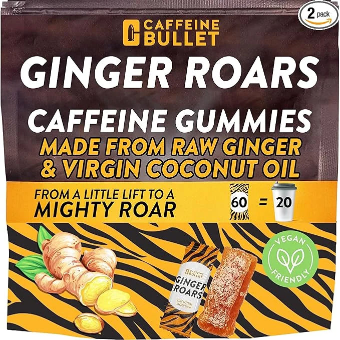 Ginger Roars - 120 Caffeine Gummies - Plant Based Caffeine Chews Each 33mg Caffeine, Made from Root Ginger with a Natural ...