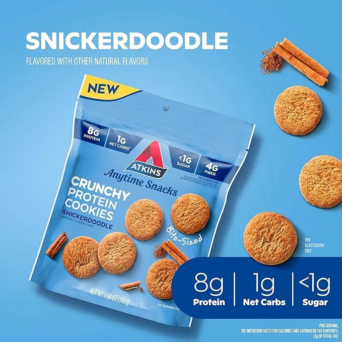 Atkins Bite-Sized Crunchy Protein Cookies, Snickerdoodle, 8g Protein, 4g Fiber, 1g Net Carb, 1g Sugar, Keto Friendly, 3 Ba...