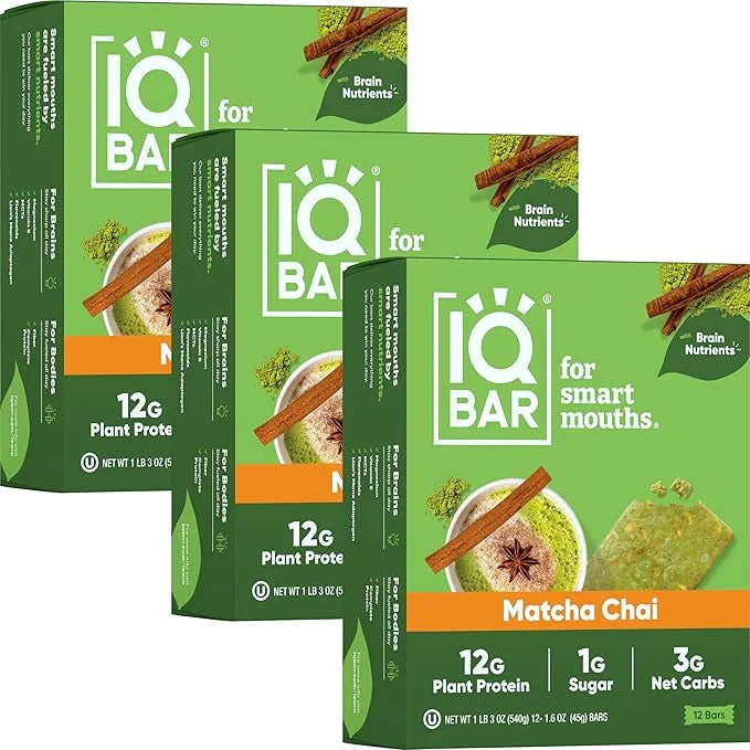 IQBAR Brain and Body Plant Protein Bars - Matcha Chai - 36-Count Low Carb - Gluten Free, High Fiber, Vegan Snacks - Low Su...