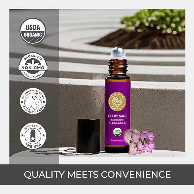 Organic Clary Sage Essential Oil Roll On, 100% Pure USDA Certified Aromatherapy for PMS, Stress & Mental Clarity - 10 ml R...