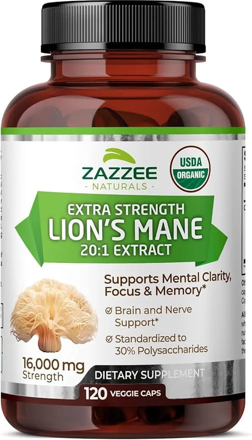 Zazzee USDA Organic Lion's Mane 20:1 16,000 mg 30% Polysaccharides, 120 Vegan 60 Day 20X Extract,