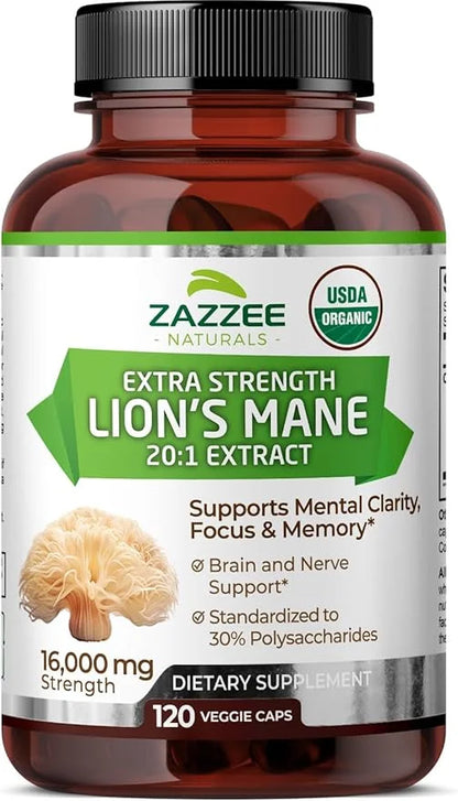 Zazzee USDA Organic Lion's Mane 20:1 16,000 mg 30% Polysaccharides, 120 Vegan 60 Day 20X Extract,