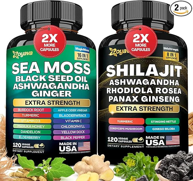 Zoyava Dynamic Vitality Bundle, Sea Moss 7000mg, Black 4000mg, Ashwagandha 2000mg, Ginger 9000mg, Rhodiola 1000mg, Panax (...