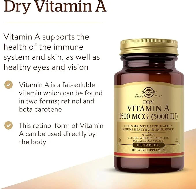 Solgar Dry Vitamin A 1500 mcg (5000 IU), 100 Tablets 100 Servings