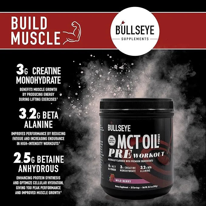 Bullseye MCT Oil Pre Workout Supplement - Creatine Monohydrate, Medium Chain Triglycerides, Beta Alanine, Caffeine, L-Citr...