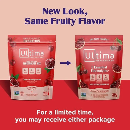Ultima Replenisher Daily Electrolyte Powder Drink Mix – Cherry Pomegranate, 20 Stickpacks – Hydration Packets with 6 Elect...