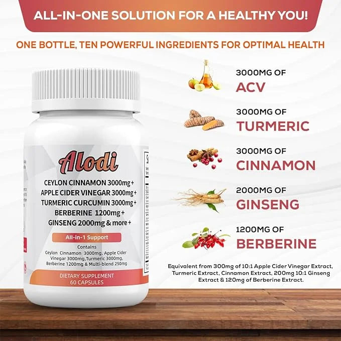 Ceylon Cinnamon 3000mg, Apple Cider Vinegar 3000mg, Turmeric 3000mg, Ginseng 2000mg, Berberine 1200mg - All-in-1 Supplemen...