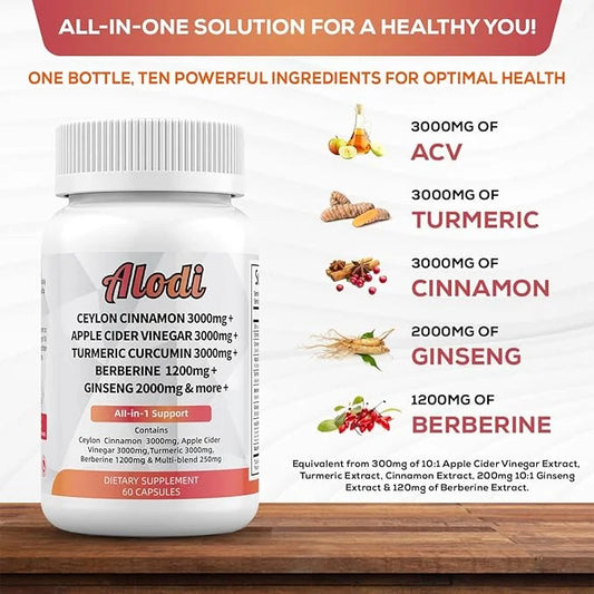 Ceylon Cinnamon 3000mg, Apple Cider Vinegar 3000mg, Turmeric 3000mg, Ginseng 2000mg, Berberine 1200mg - All-in-1 Supplemen...
