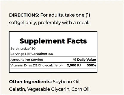 Nature's Bounty Vitamin D, Supports Immune 2000IU Vitamin D3, 150 150 Softgels ,150 Count 1)