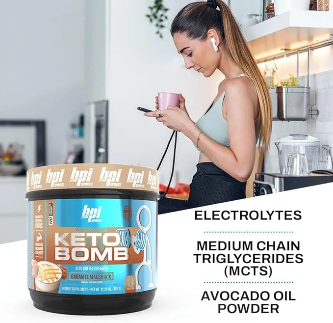 BPI Sports Keto Bomb Coffee Creamer - Supports Energy and Hydration - MCT and Electrolytes - with Calcium - Caramel Macchi...