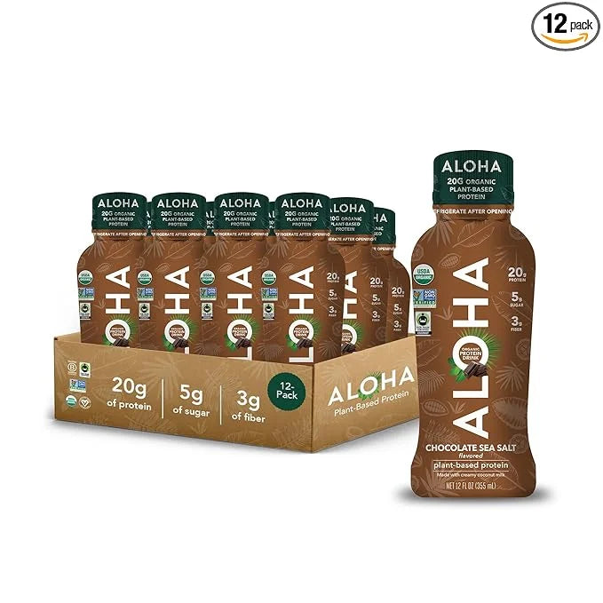 ALOHA Organic Plant Based Chocolate Sea Salt Protein Shake w/MCT Oil (12 ct, 12oz Bottle) 20g Protein, Meal Replacement, L...