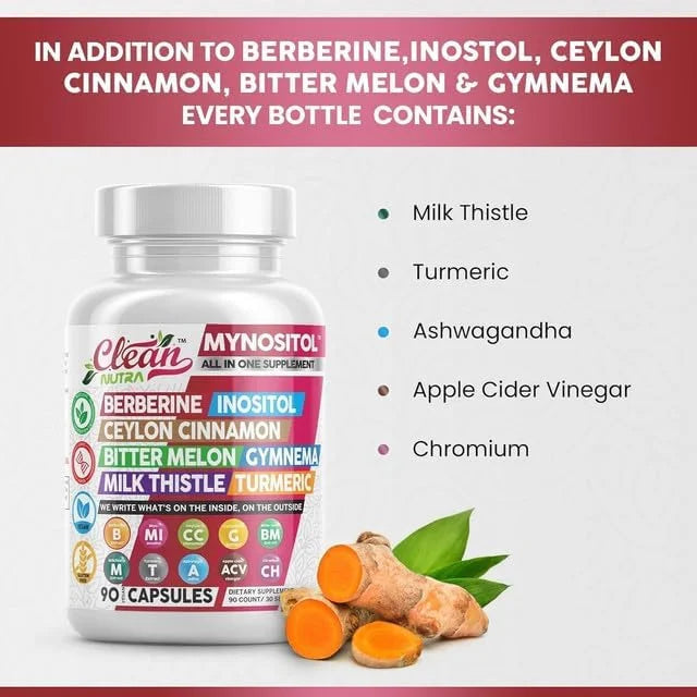 Clean Nutra Berberine Inositol Supplement with Ceylon Cinnamon, Bitter Melon, Gynema Sylvestre, Milk Thistle, Turmeric - 9...