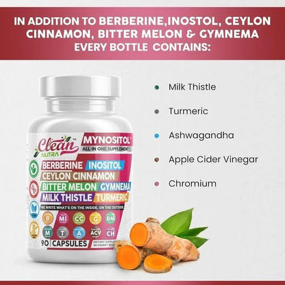 Clean Nutra Berberine Inositol Supplement with Ceylon Cinnamon, Bitter Melon, Gynema Sylvestre, Milk Thistle, Turmeric - 9...