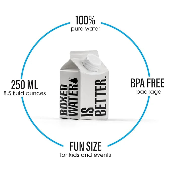 Boxed Water 8.5 oz. (24 Pack) – Purified Drinking Water in 92% Plant-Based Boxes, 100% Recyclable, BPA-Free, Refillable Ca...