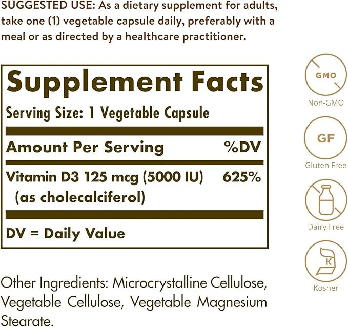 Solgar Vitamin D3 Cholecalciferol 125 mcg 5000 IU 360 Count