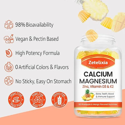 Sugar Free Calcium Gummies for Women D3 & K2, Calcium 60 Count
