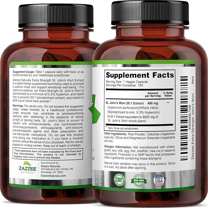 Zazzee Extra Strength St. John’s Wort 20:1 Extract, 8000 mg 0.3% Hypericin, 150 Vegan 5 Month 20X Extract, 100% Vegetarian,