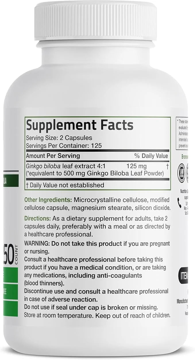Bronson Ginkgo Biloba Extra Strength Supports Brain Function & Memory Support, 250 Vegetarian Capsules - Product Image