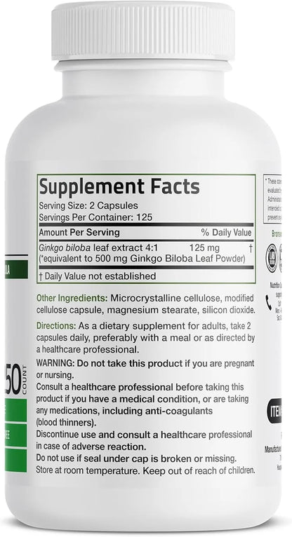 Bronson Ginkgo Biloba Extra Strength Supports Brain Function & Memory Support, 250 Vegetarian Capsules - Product Image