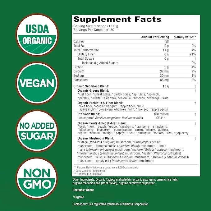 COUNTRY FARMS Super Greens Natural Flavor, 50 Organic Super Foods, USDA Organic Drink Mix (Wheat Grass, Spirulina, Chlorel...
