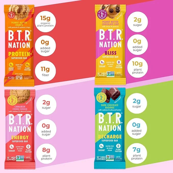 B.T.R. Bar Superfood Keto Protein Bars, Plant Based Vegan Protein, Low Carb Food, Low Calorie, Gluten Free, No Sugar Alcoh...