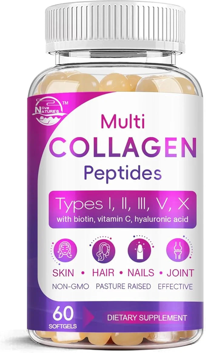 Multi Collagen Peptides Softgel - Type I, II, III, V, X - Hydrolyzed Collagen Peptides with Biotin, Vitamin C, Hyaluronic ...