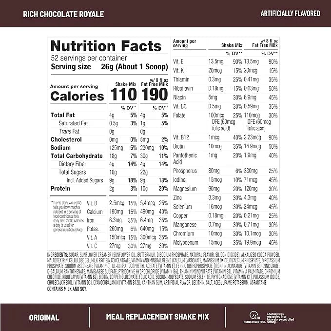 SlimFast Meal Replacement Powder, Original Rich Chocolate Royale, Weight Loss Shake Mix, 10g of Protein, 52 Servings (Pack...