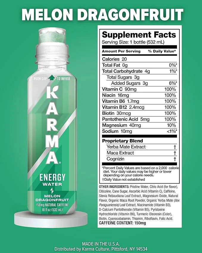 Karma Natural Energy Drink - 12 Pack, Melon Dragonfruit Caffeinated Water - Clean Focus & Energy Boost - Product Image