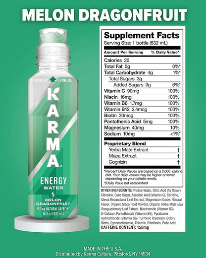 Karma Natural Energy Drink - 12 Pack, Melon Dragonfruit Caffeinated Water - Clean Focus & Energy Boost - Product Image