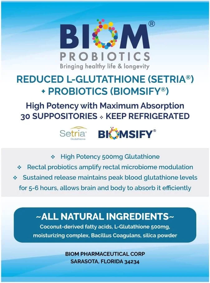 High Potency 500mg Reduced L-Glutathione (Setria Brand) + Probiotic Suppository. Maximum Bioavailable Glutathione Formulat...