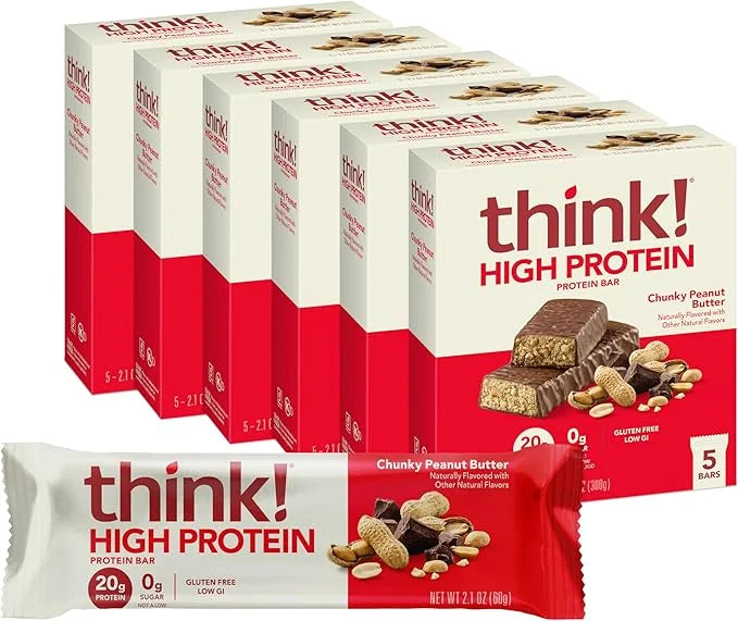 think! Protein Bars, High Protein Snacks, Gluten Free, Kosher Friendly, Chunky Peanut Butter, Nutrition Bars, 2.1 Oz per B...