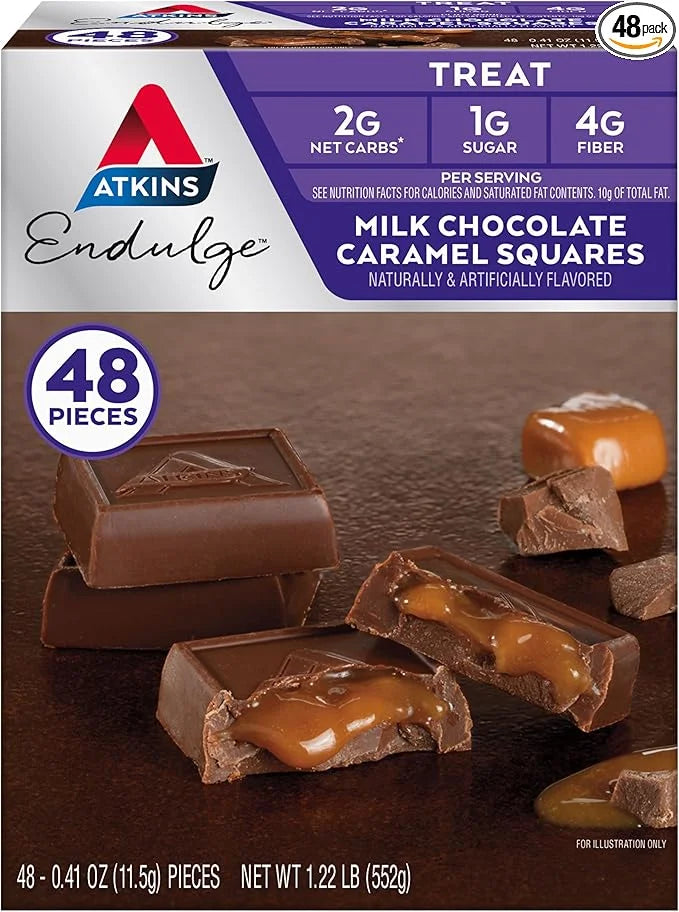 Atkins Endulge Milk Chocolate Caramel Squares, Dessert Favorite, Good Source of Fiber, 1g Sugar, 48 Count (16 Servings) - ...