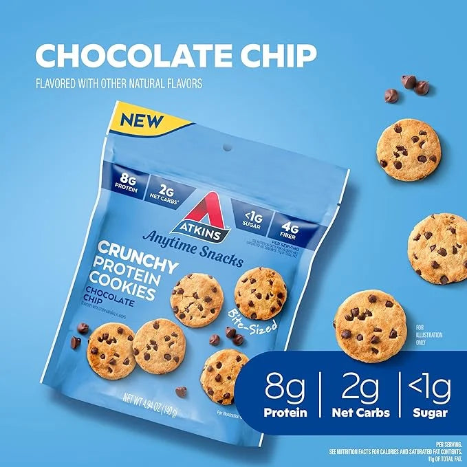 Atkins Bite-Sized Crunchy Protein Cookies, Chocolate Chip, 8g Protein, 4g Fiber, 1g Net Carb, 1g Sugar, Keto Friendly, 3 B...