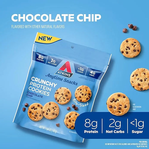Atkins Bite-Sized Crunchy Protein Cookies, Chocolate Chip, 8g Protein, 4g Fiber, 1g Net Carb, 1g Sugar, Keto Friendly, 3 B...