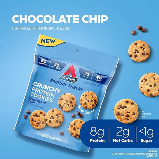 Atkins Bite-Sized Crunchy Protein Cookies, Chocolate Chip, 8g Protein, 4g Fiber, 1g Net Carb, 1g Sugar, Keto Friendly, 3 B...