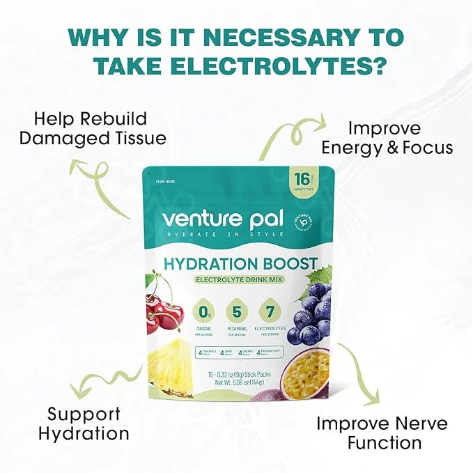 Venture Pal Sugar Free Electrolyte Powder Packets - Liquid Daily IV Drink Mix for Rapid Hydration & Party Recovery | 5 Vit...
