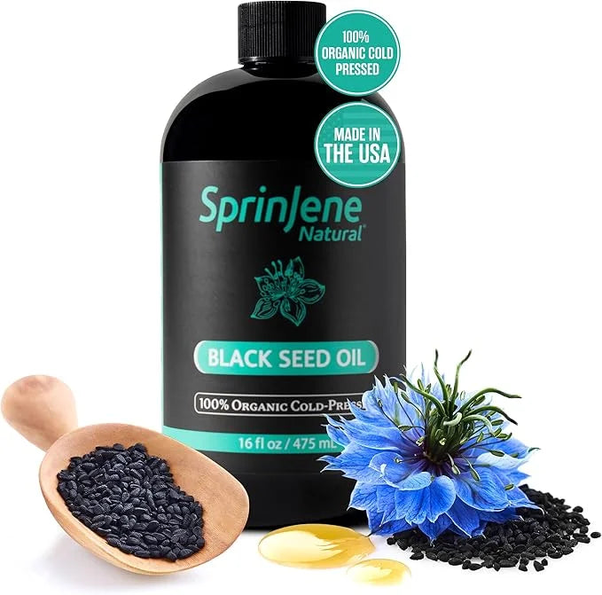 SprinJene Natural® 100% Pure Organic Black Seed Oil Cold Pressed for Oral Wellness, Nigella Sativa Black Seed Oil, Black C...