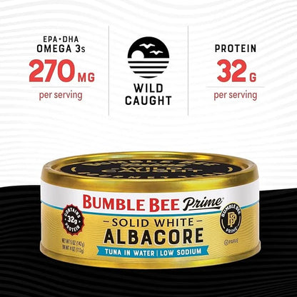 Bumble Bee Prime Low Sodium Solid White Albacore Tuna in Water, 5 oz Can - Premium Wild Caught Tuna - 32g Protein per Serv...