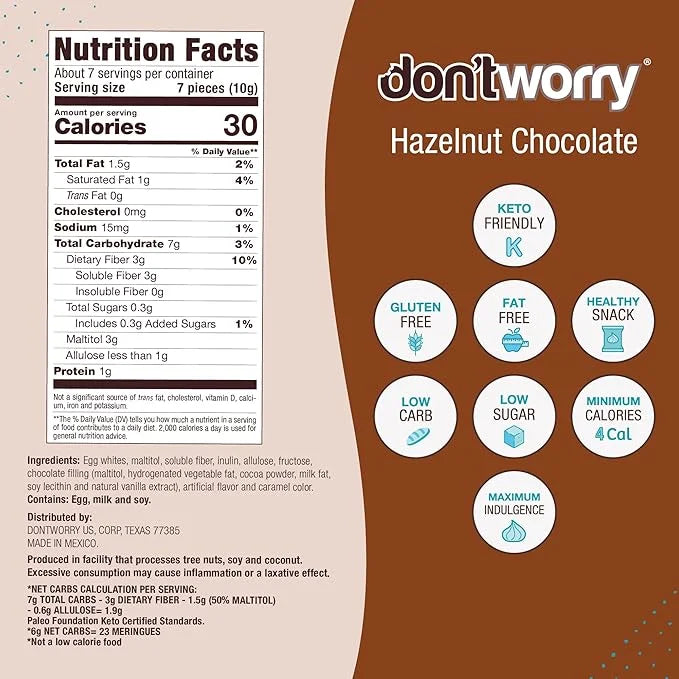 Don't Worry Keto Friendly Meringue Cookies - Chocolate & Hazelnut Cookies, Only 4 Calories per Piece!, Gluten Free Cookies...