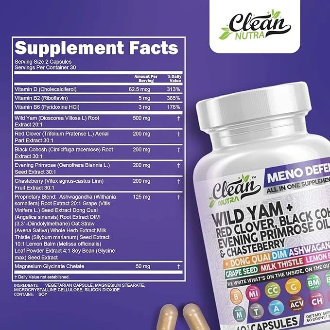 Clean Nutra Wild Yam Root Capsules with Red Clover Black Cohosh Evening Primrose Oil Chasteberry Dong Quai DIM Ashwagandha...