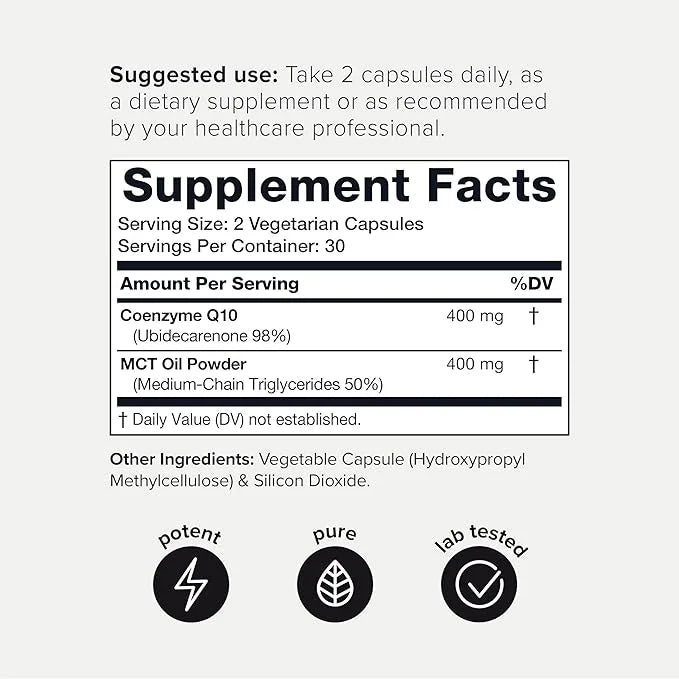 Ultra High Purity CoQ10 400mg 98% Purified CoQ10 Supplement Q10 -Bioavailable -60 Veggie