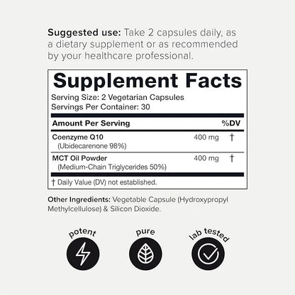 Ultra High Purity CoQ10 400mg 98% Purified CoQ10 Supplement Q10 -Bioavailable -60 Veggie